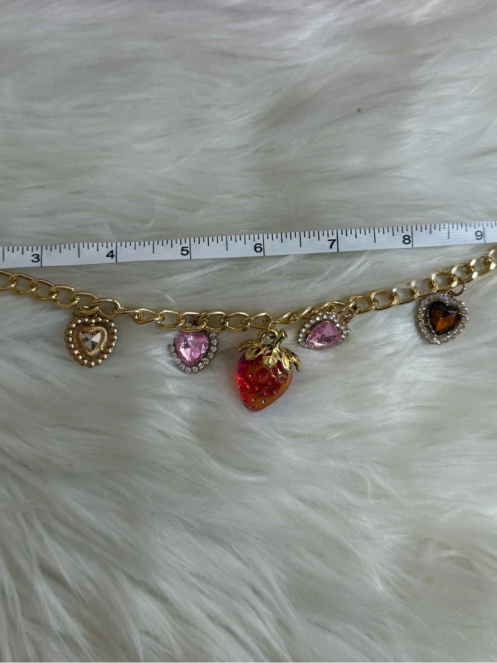 Gold-Tone Strawberry Charm Chain with Pink and Amber Hearts